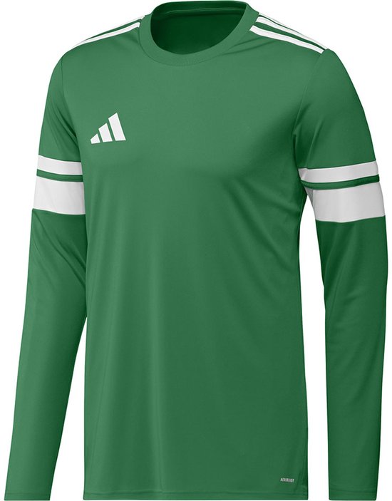 Groen sportshirt met lange mouwen, witte strepen op de schouders en witte boorden.