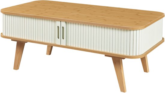 Salontafel van naturel bamboe met crème-witte lamellenkast en twee deurtjes, vanuit de hoek.