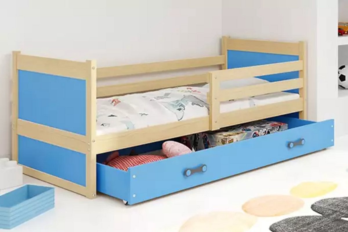 BMS - Eenpersoonsbed - 90x200 - Jongeren - Pine/Blauw - Met matras