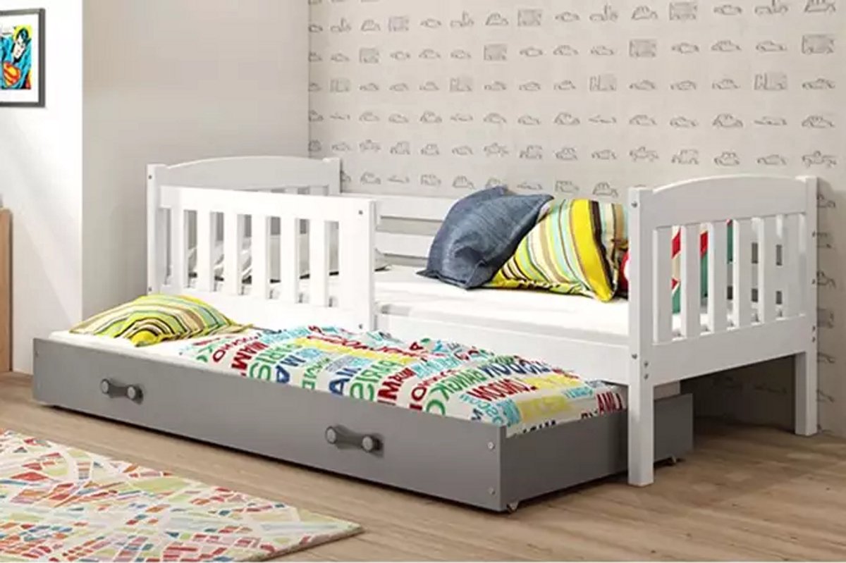 BMS KUBUŚ - Jeugdbed - 90x200 - Wit/Graphiet - Inclusief Matras en Lade