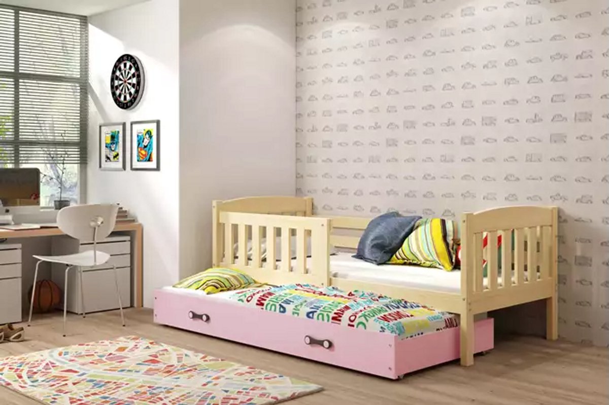 BMS - KUBUŚ - Uitklapbaar Jeugdbed met Matras en Lade - 90x190 cm - Pine/Pink