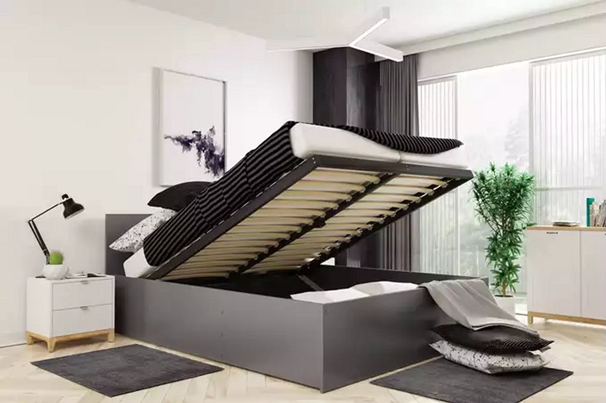 BMS - Bed - 160x200 - Met Matras en Opslag - Grijs