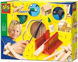 SES Creative – Timmerset Luxe – Montessori speelgoed – hout, hamer, spijkers, lijm, zaag en verstekbak – met veiligheidshand – vanaf 5 jaar