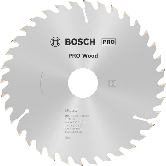 Bosch PRO Wood cirkelzaagblad, 165 mm doorsnede, 30 mm asgat, 36 tanden, met draairichtingpijl.