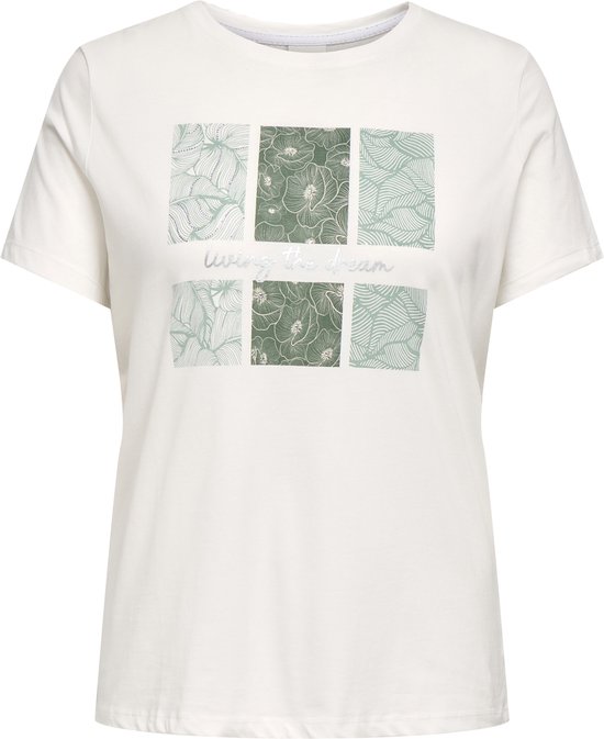 T-shirt blanc avec un imprimé de six carrés à motifs botaniques et le texte 'living the dream'.