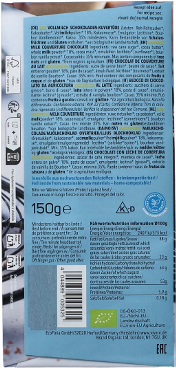 Vivani Milk cooking chocolate bio 150 Gram