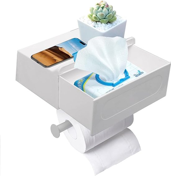 Uootach Toiletpapierhouder zonder boren, van aluminium, rolhouder met ruime planken, zelfklevende toiletpapierhouder, wandpapierhouder voor badkamer, keuken (wit