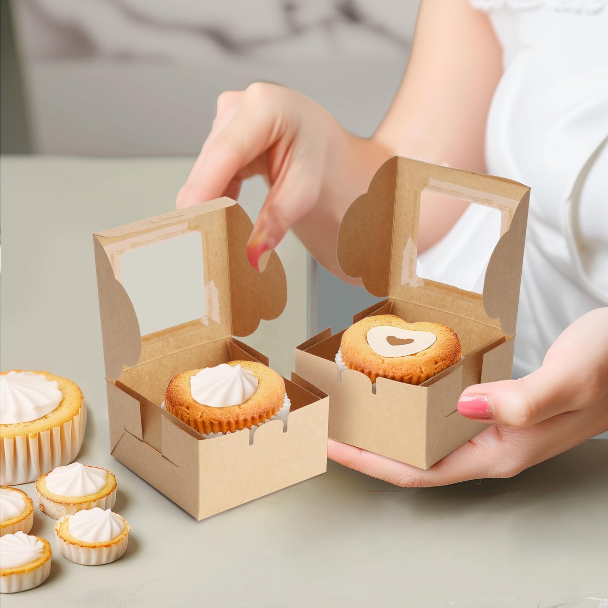 Lot De 12 Boîtes à Gâteau En Carton Blanc Avec Fenêtre Transparent - 20x20x10,5 Cm