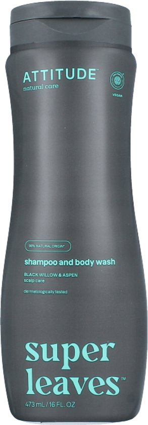 Grijze fles met 'ATTITUDE natural care' en 'SUPER leaves' in turquoise tekst. Met een afbeelding van een blad.
