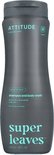Grijze fles met 'ATTITUDE natural care' en 'SUPER leaves' in turquoise tekst. Met een afbeelding van een blad.
