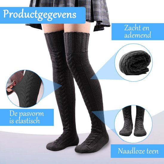 longziming -Dames Dijhoge Sokken – Gebreide Lange Warme Sokken – Zachte Acrylvezel – Elastisch & Comfortabel – Wintermode – Zwart + Wit – Eén Maat – 2 Paar