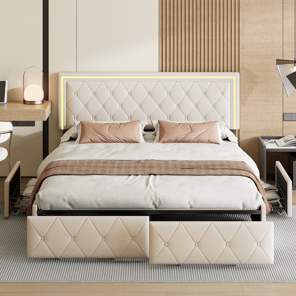 CINK Sleep – Modern Kunstleer Tweepersoonsbed 160×200 cm – Met 4 Opberglades – Luxe Design Bedframe Zonder Matras – Beige / Grijs