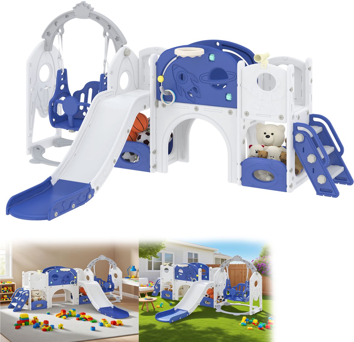 9-in-1 Kinderrutschbaan Met Klimrek, Vrijstaande Rutschbaan, Klimladder, Tunnel, Basketbaldoel & Opbergruimte – Kinder Rutschbaan Met Klimladder, Klimmerspeelset, Binnen/Buiten