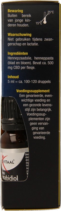 Flesje met druppelaar met waarschuwing, ingrediënten en inhoud voor Lucovitaal CBD olie 10%, 5 ml.