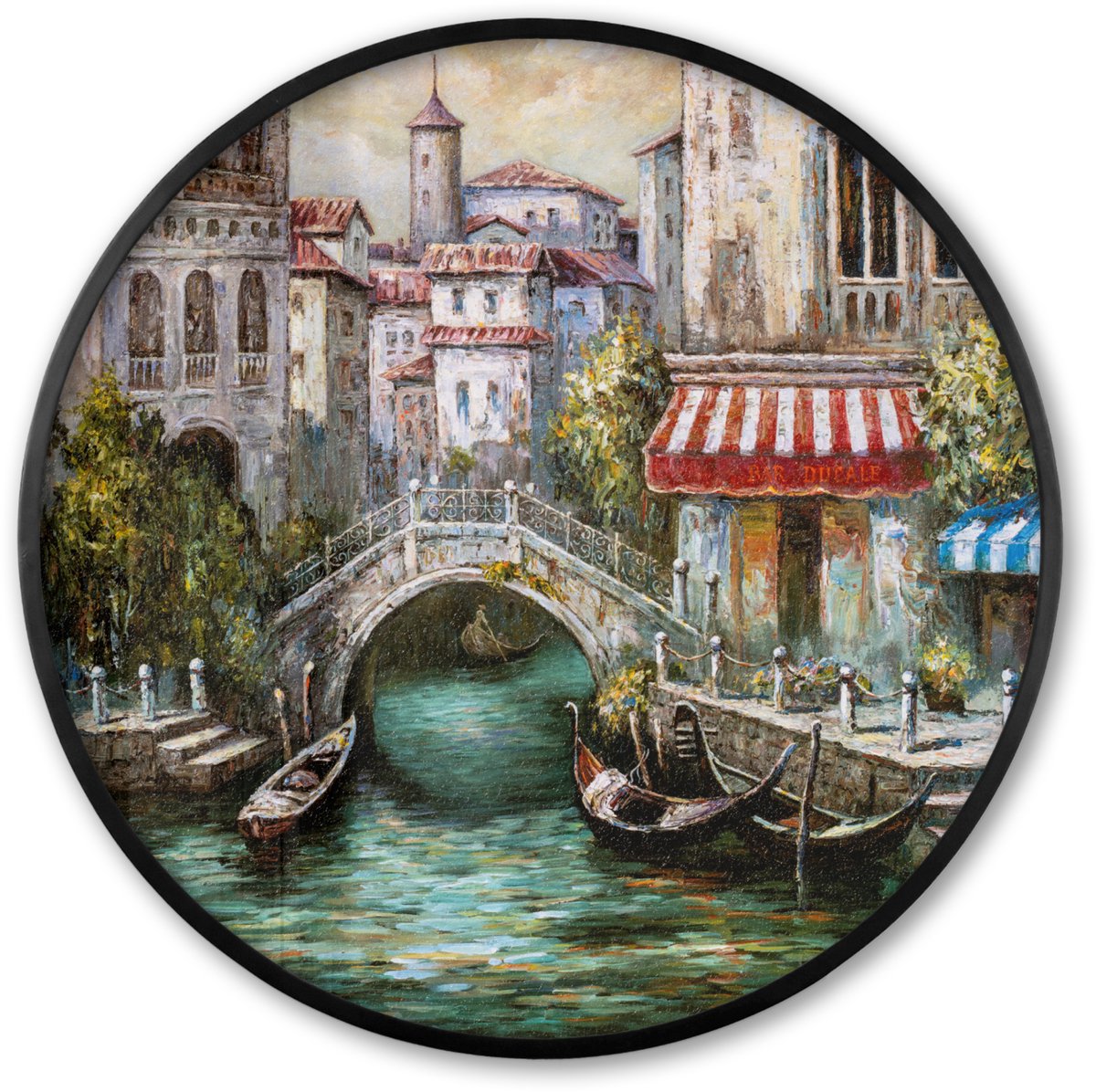 FrameYourWall Poster in lijst Rond - Fotolijst 80x80 cm - Posters - Schilderij - Olieverf - Water - Gracht - Italië - Ronde posterlijst zwart - Decoratie - Wanddecoratie woonkamer - Muurdecoratie slaapkamer Multicolor