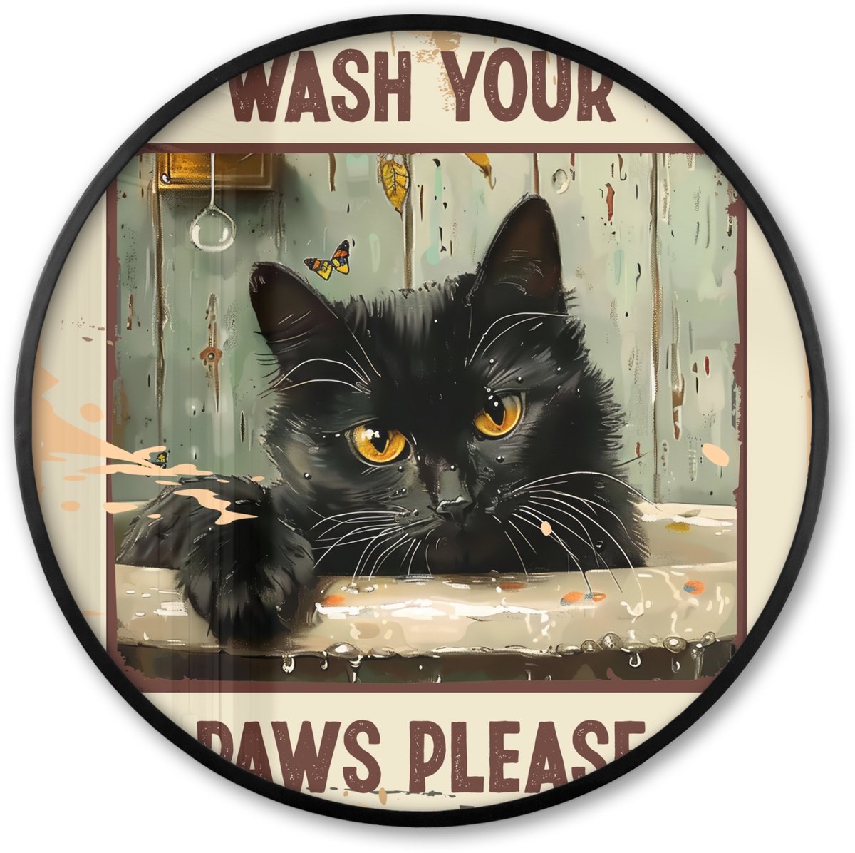 FrameYourWall Poster in lijst Rond - Fotolijst 80x80 cm - Posters - Vintage - Kat - Quotes - Wash your paws please - Spreuken - Ronde posterlijst zwart - Decoratie - Wanddecoratie woonkamer - Muurdecoratie slaapkamer Kat - Bad - Quote