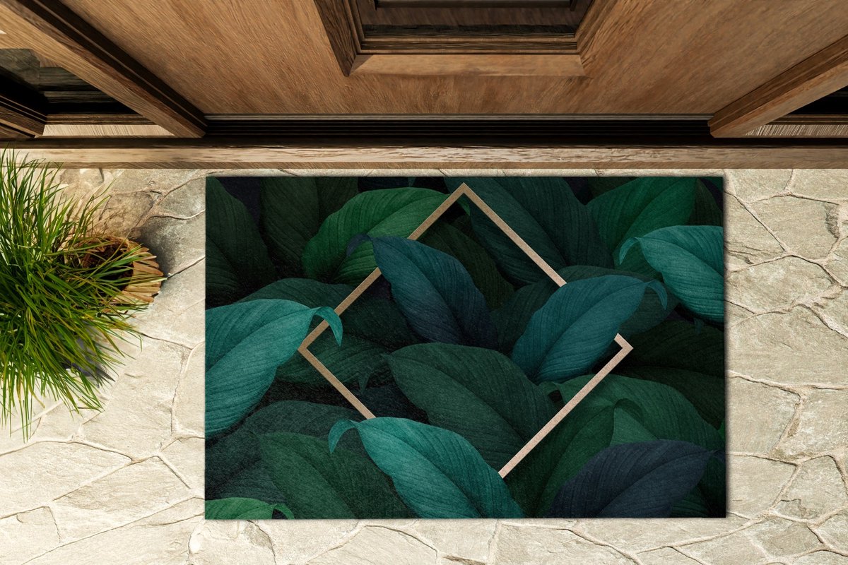 Coloray Buiten Deurmat - Donkergroen Polyamide Deurmat - Tropische bladeren Robuuste Buitenmat - Stijlvolle Buitenruimte - Deurmat Tegen Sneeuw - Decoratieve Buitenmat Voor Hal Of Veranda - 90x60 cm Donkergroen - Tropische bladeren