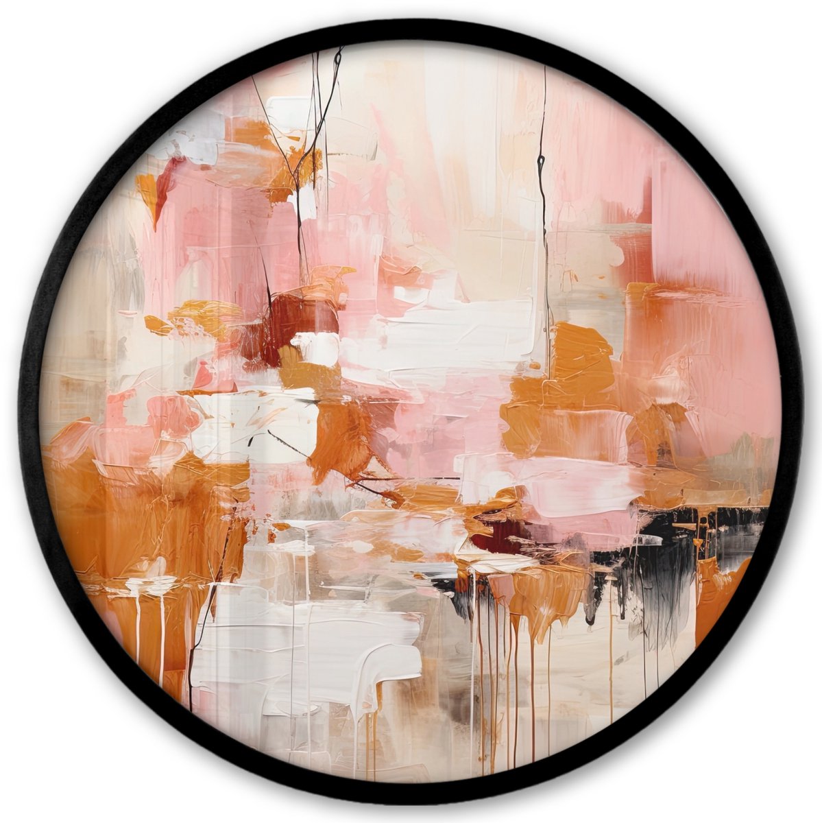 FrameYourWall Poster in lijst Rond - Fotolijst 40x40 cm - Posters - Verf - Roze - Oranje - Abstract - Kunst - Ronde posterlijst zwart - Decoratie - Wanddecoratie woonkamer - Muurdecoratie slaapkamer