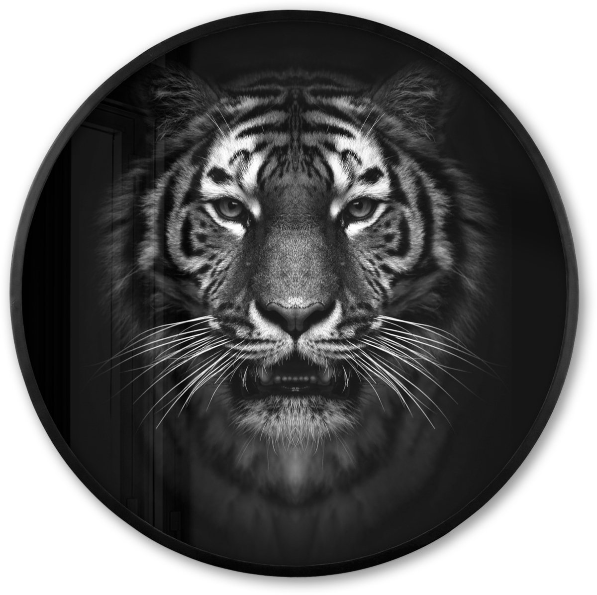 FrameYourWall Poster in lijst Rond - Fotolijst 80x80 cm - Posters - Tijger - Dieren - Zwart - Wit - Portret - Wild - Ronde posterlijst zwart - Decoratie - Wanddecoratie woonkamer - Muurdecoratie slaapkamer