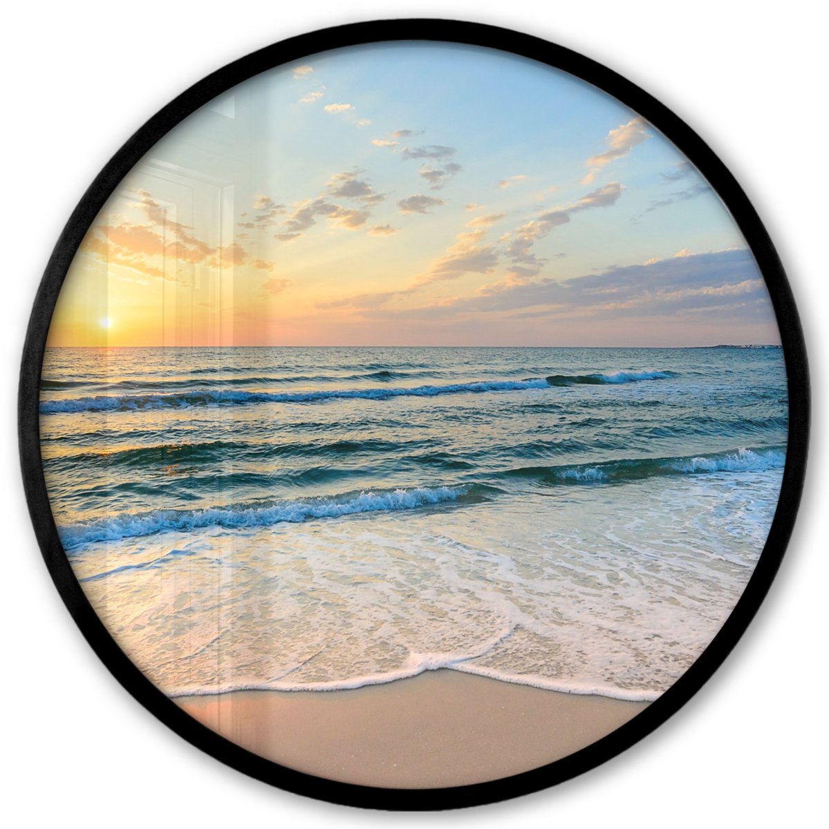 FrameYourWall Poster in lijst Rond - Fotolijst 40x40 cm - Posters - Strand - Zee - Zonsondergang - Golf - Ronde posterlijst zwart - Decoratie - Wanddecoratie woonkamer - Muurdecoratie slaapkamer