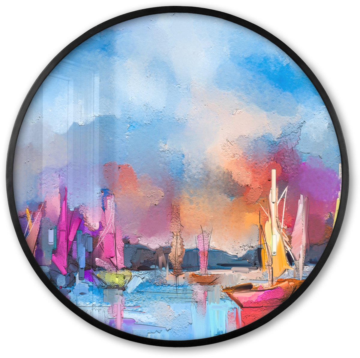 FrameYourWall Poster in lijst Rond - Fotolijst 60x60 cm - Posters - Schilderij - Boten - Water - Ronde posterlijst zwart - Decoratie - Wanddecoratie woonkamer - Muurdecoratie slaapkamer Multicolor