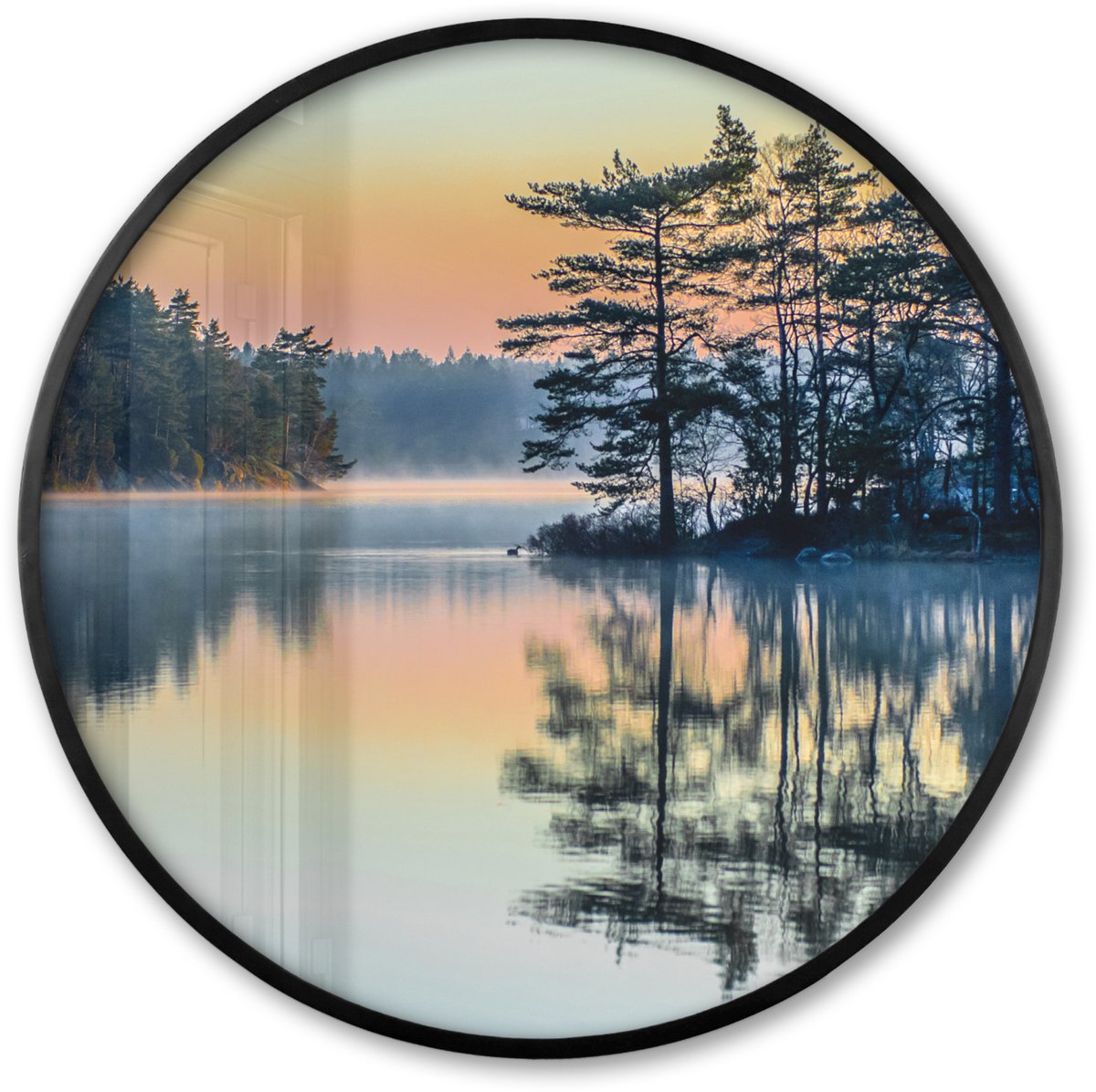 FrameYourWall Poster in lijst Rond - Fotolijst 80x80 cm - Posters - Water - Bomen - Natuur - Landschap - Ronde posterlijst zwart - Decoratie - Wanddecoratie woonkamer - Muurdecoratie slaapkamer Meer - Natuur - Water