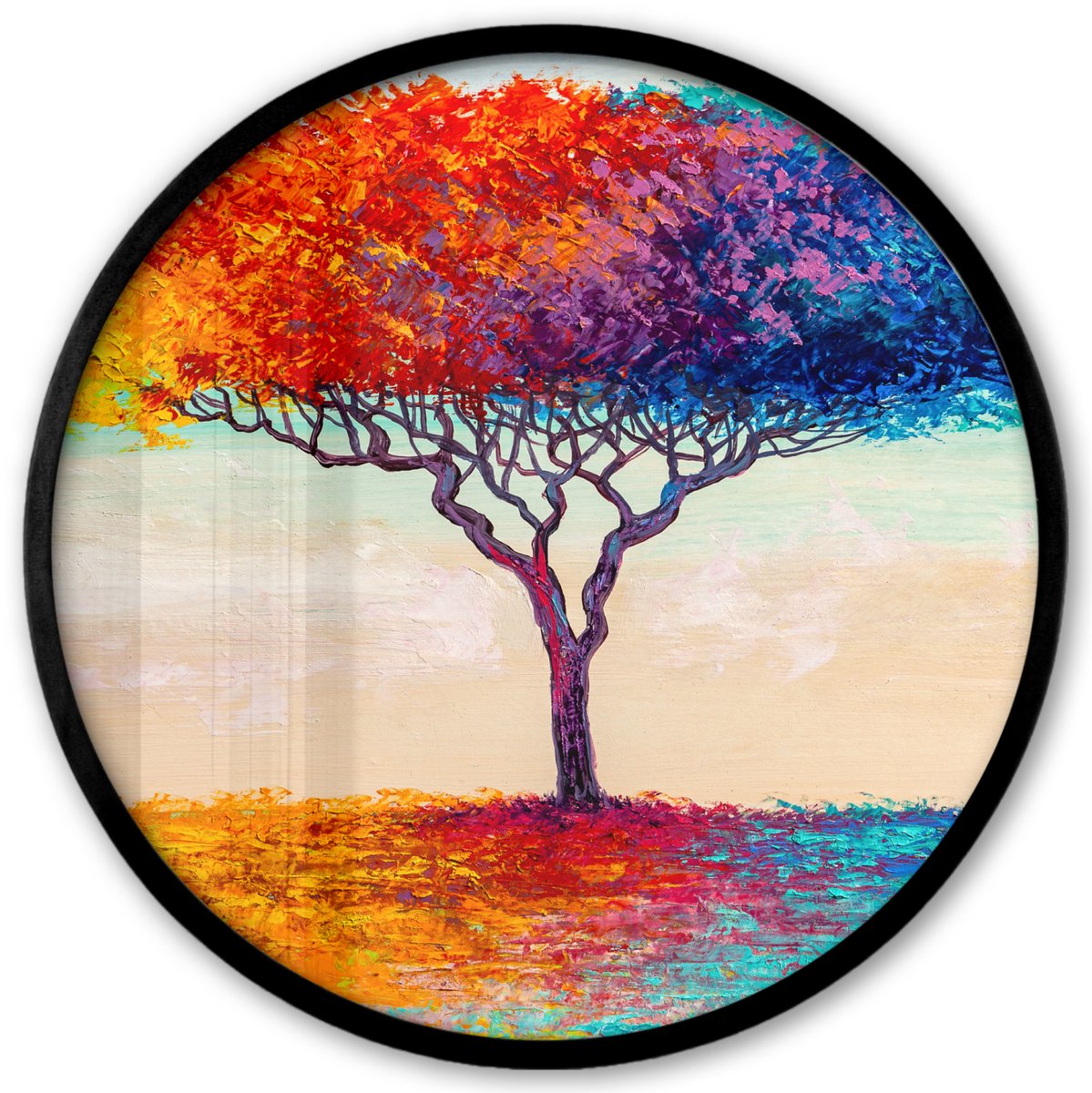 FrameYourWall Poster in lijst Rond - Fotolijst 40x40 cm - Posters - Schilderijen - Olieverf - Boom - Regenboog - Ronde posterlijst zwart - Decoratie - Wanddecoratie woonkamer - Muurdecoratie slaapkamer Multicolor