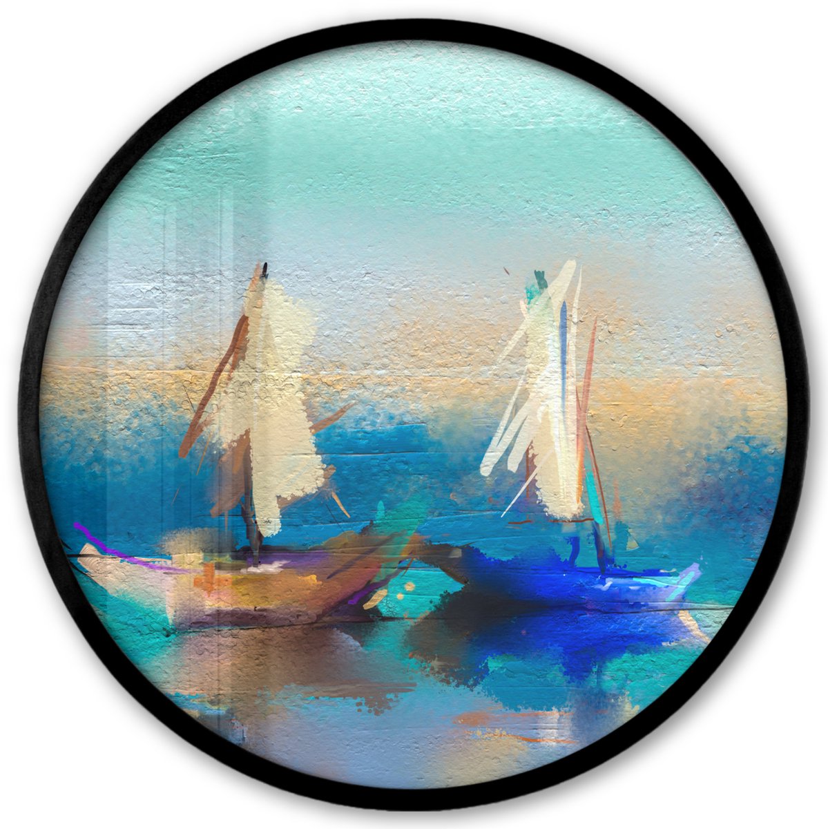 FrameYourWall Poster in lijst Rond - Fotolijst 40x40 cm - Posters - Schilderij - Olieverf - Boot - Abstract - Ronde posterlijst zwart - Decoratie - Wanddecoratie woonkamer - Muurdecoratie slaapkamer Multicolor