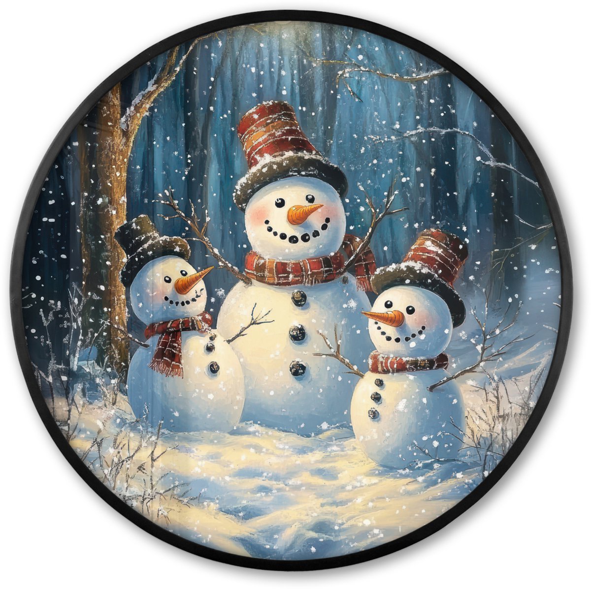 FrameYourWall Poster in lijst Rond - Fotolijst 80x80 cm - Posters - Sneeuwpop - Sneeuw - Winter - Bos - Ronde posterlijst zwart - Decoratie - Wanddecoratie woonkamer - Muurdecoratie slaapkamer Sneeuwpoppen