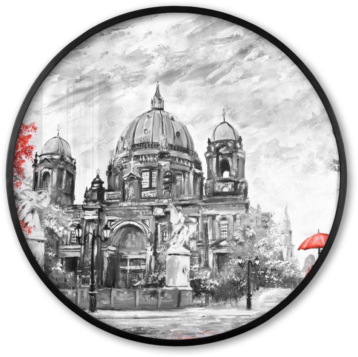 FrameYourWall Poster in lijst Rond - Fotolijst 80x80 cm - Posters - Schilderij - Architectuur - Boom - Rood - Ronde posterlijst zwart - Decoratie - Wanddecoratie woonkamer - Muurdecoratie slaapkamer Behangcirkel - Architectuur