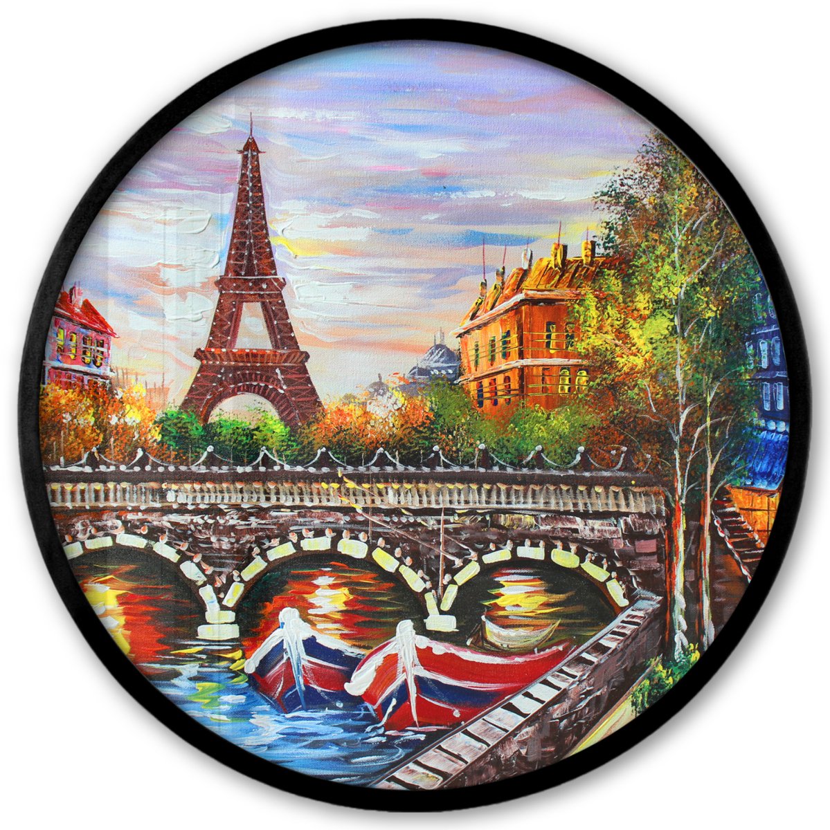 FrameYourWall Poster in lijst Rond - Fotolijst 40x40 cm - Posters - Schilderij - Olieverf - Eiffeltoren - Parijs - Water - Ronde posterlijst zwart - Decoratie - Wanddecoratie woonkamer - Muurdecoratie slaapkamer Multicolor