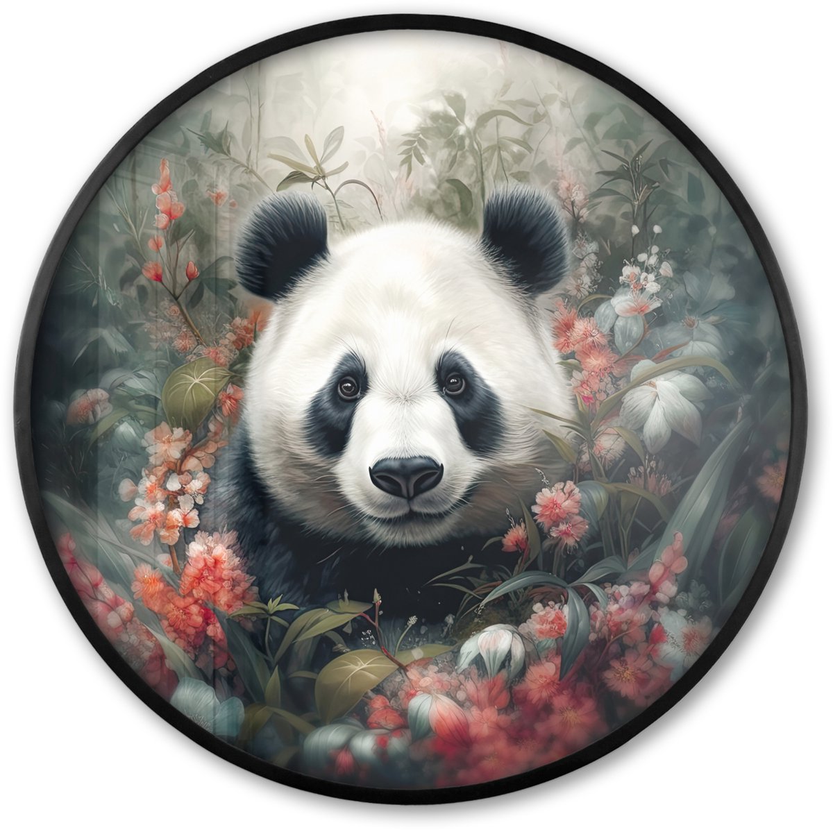 FrameYourWall Poster in lijst Rond - Fotolijst 60x60 cm - Posters - Panda - Wilde dieren - Bloemen - Natuur - Ronde posterlijst zwart - Decoratie - Wanddecoratie woonkamer - Muurdecoratie slaapkamer Panda - Bloemen
