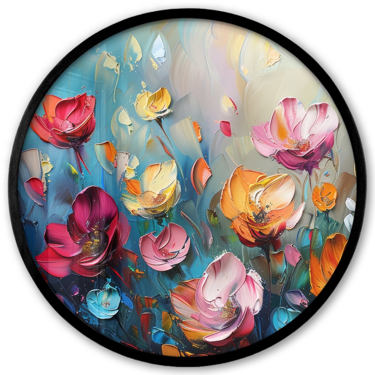 FrameYourWall Poster in lijst Rond - Fotolijst 40x40 cm - Posters - Bloemen - Kleurrijk - Abstract - Verf - Natuur - Ronde posterlijst zwart - Decoratie - Wanddecoratie woonkamer - Muurdecoratie slaapkamer