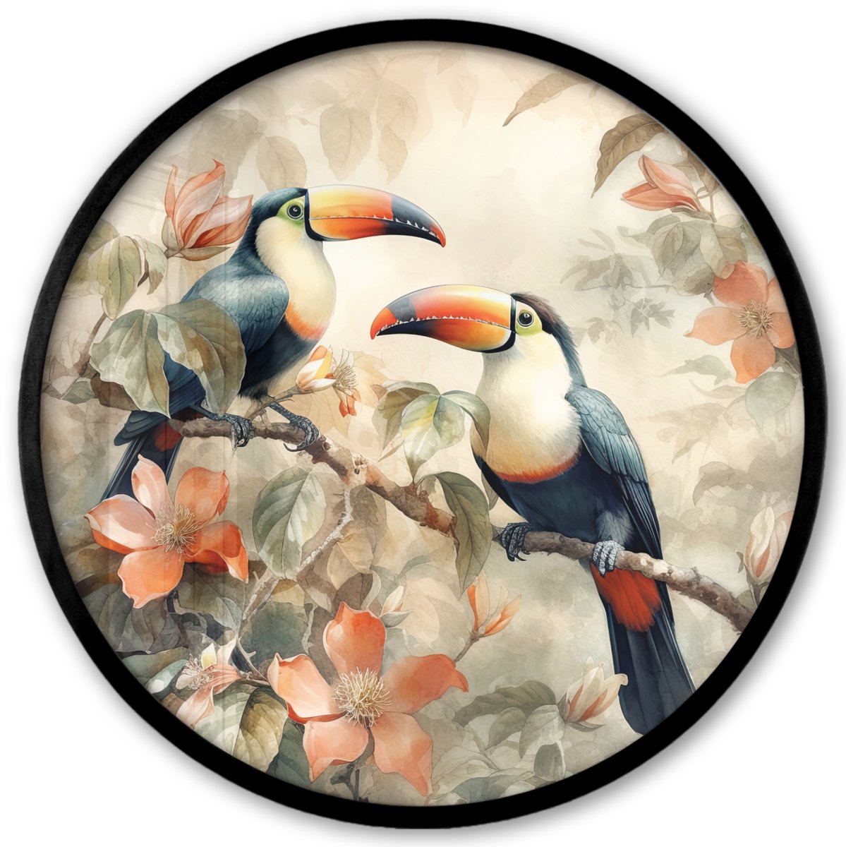 FrameYourWall Poster in lijst Rond - Fotolijst 40x40 cm - Posters - Toekan - Vogels - Bloemen - Tak - Ronde posterlijst zwart - Decoratie - Wanddecoratie woonkamer - Muurdecoratie slaapkamer