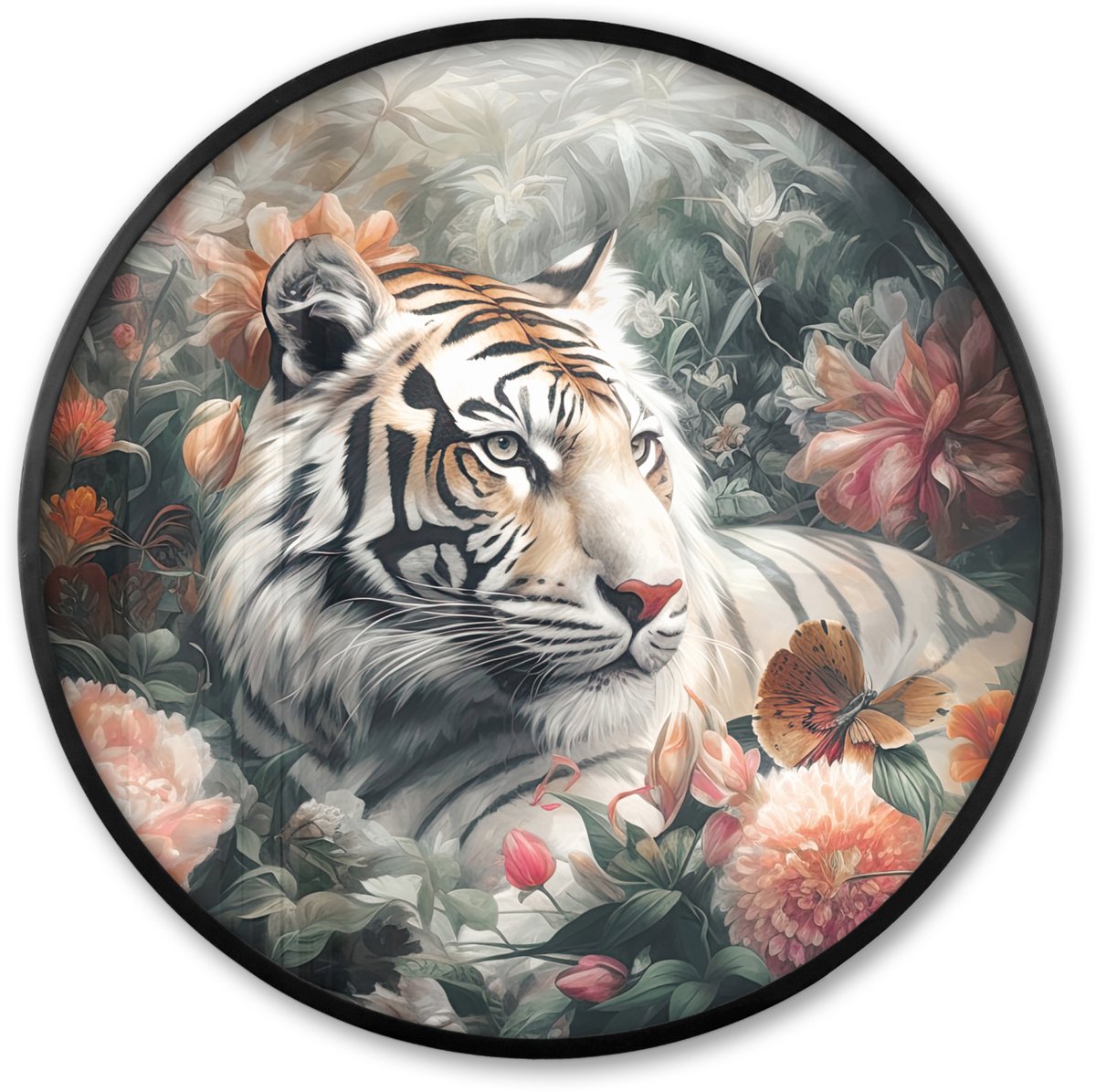 FrameYourWall Poster in lijst Rond - Fotolijst 80x80 cm - Posters - Tijger - Wilde dieren - Bloemen - Jungle - Ronde posterlijst zwart - Decoratie - Wanddecoratie woonkamer - Muurdecoratie slaapkamer Tijger - Bloemen