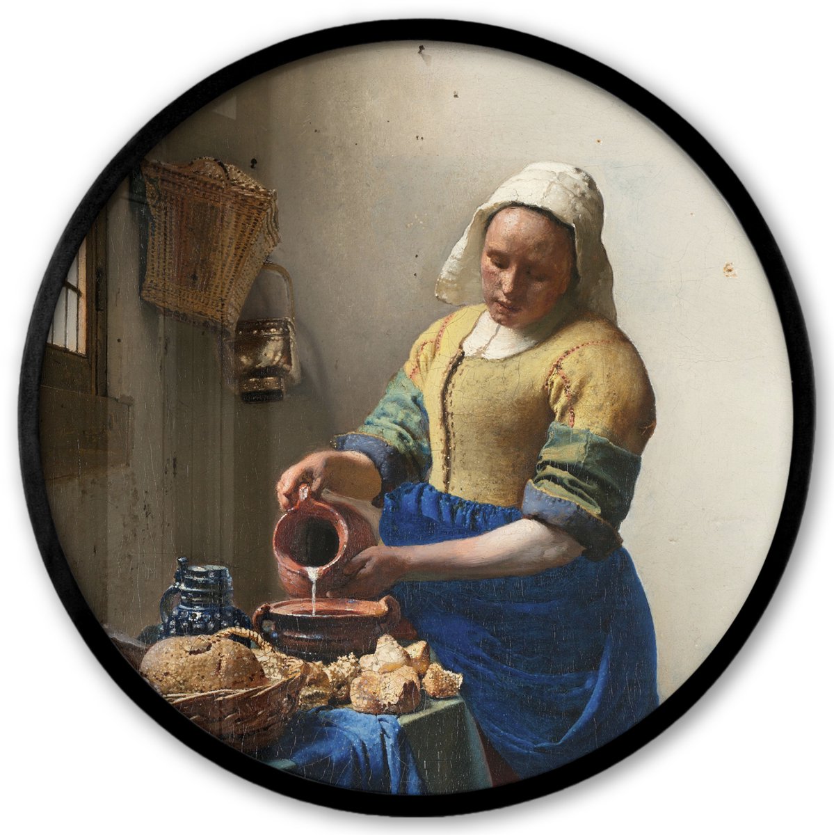 FrameYourWall Poster in lijst Rond - Fotolijst 40x40 cm - Posters - Het melkmeisje - Kunst - Oude meesters - Vermeer - Ronde posterlijst zwart - Decoratie - Wanddecoratie woonkamer - Muurdecoratie slaapkamer