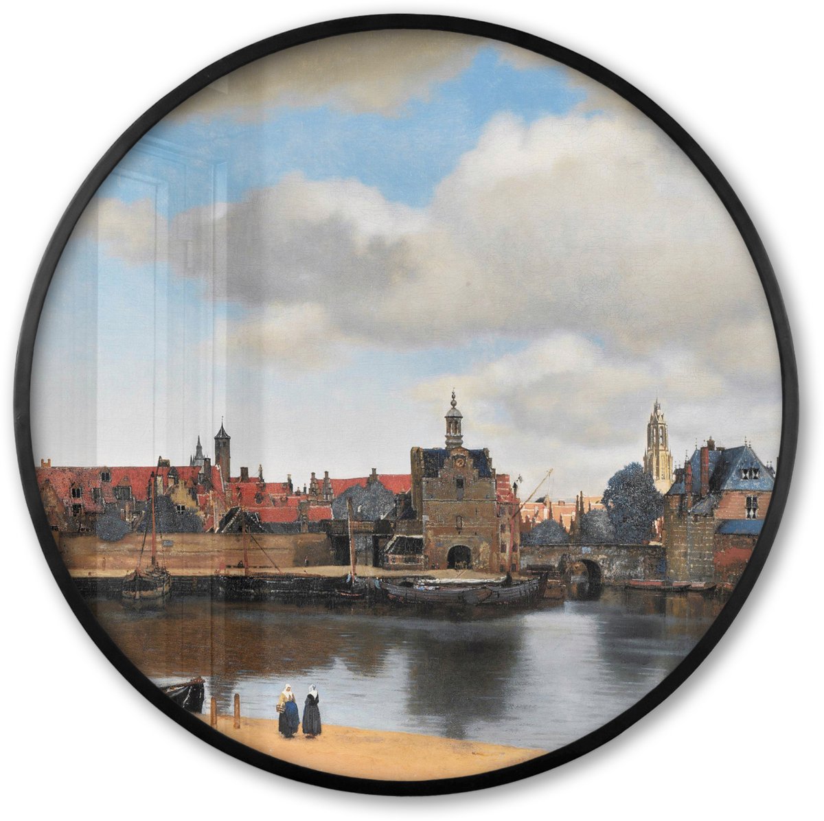 FrameYourWall Poster in lijst Rond - Fotolijst 60x60 cm - Posters - Vermeer - Stad - Oude meesters - Kunst - Ronde posterlijst zwart - Decoratie - Wanddecoratie woonkamer - Muurdecoratie slaapkamer Multicolor