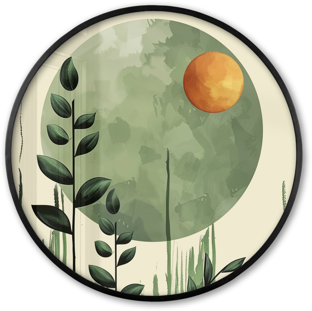 FrameYourWall Poster in lijst Rond - Fotolijst 60x60 cm - Posters - Abstract - Natuur - Kunst - Zon - Modern - Ronde posterlijst zwart - Decoratie - Wanddecoratie woonkamer - Muurdecoratie slaapkamer Groen