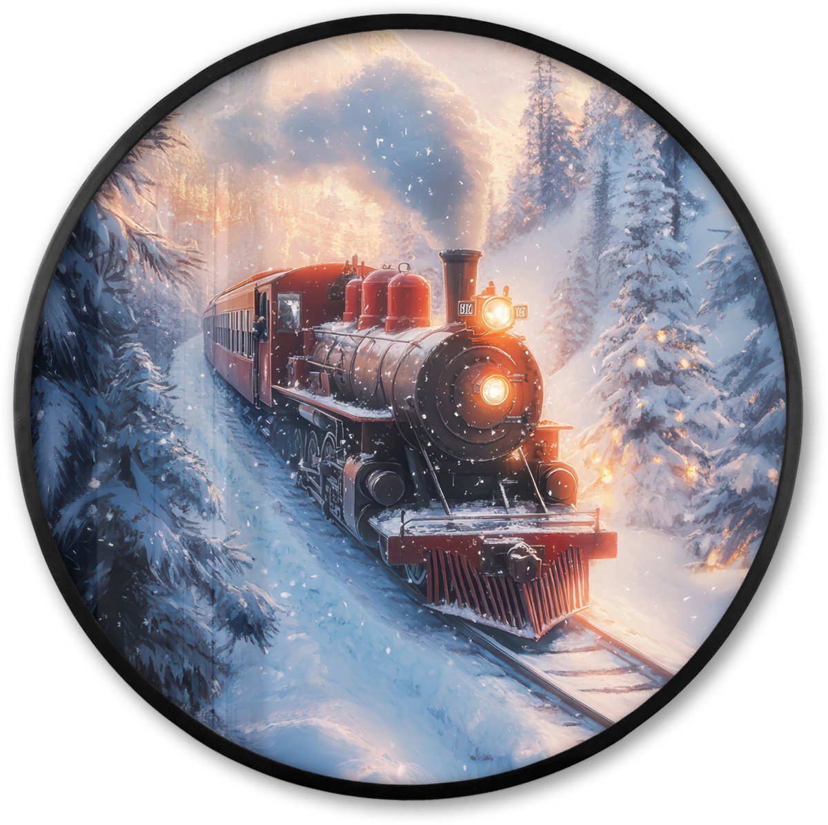 FrameYourWall Poster in lijst Rond - Fotolijst 60x60 cm - Posters - Kersttrein - Sneeuw - Winter - Kerst - Ronde posterlijst zwart - Decoratie - Wanddecoratie woonkamer - Kerstdecoratie voor binnen - Kerstversiering - Kerstmis versiering in huis - Kerstaccessoires Stoomtrein - Winter
