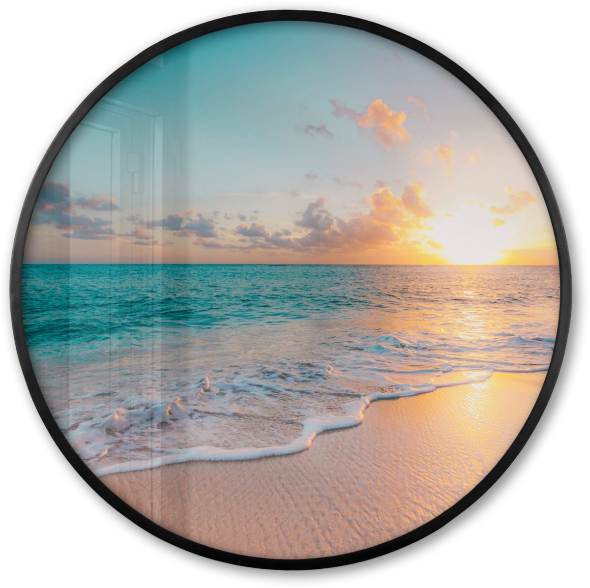 FrameYourWall Poster in lijst Rond - Fotolijst 80x80 cm - Posters - Zonsondergang - Strand - Zee - Zomer - Blauw - Ronde posterlijst zwart - Decoratie - Wanddecoratie woonkamer - Muurdecoratie slaapkamer