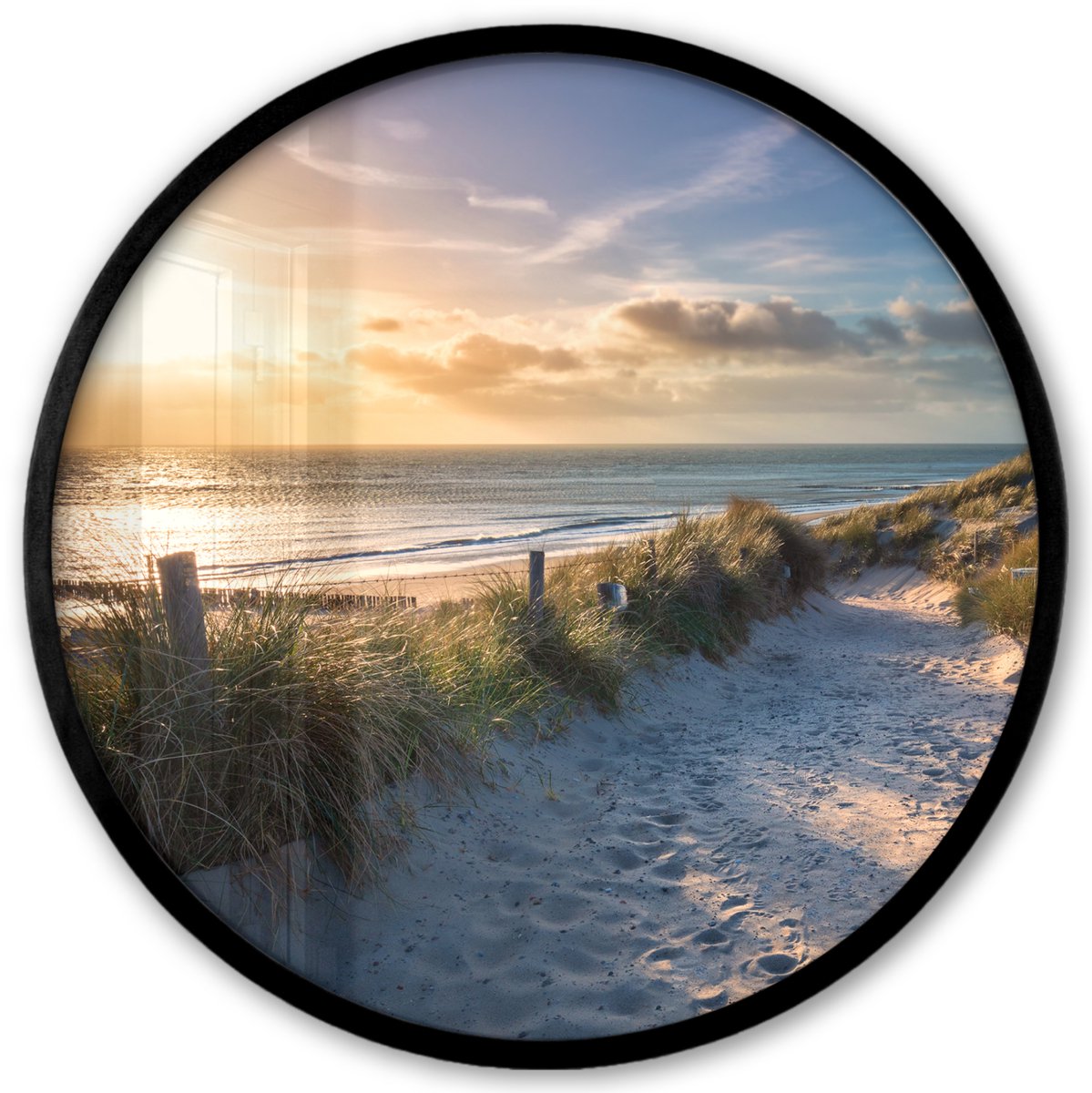 FrameYourWall Poster in lijst Rond - Fotolijst 40x40 cm - Posters - Zonsondergang - Strand - Duin - Gras - Bank - Ronde posterlijst zwart - Decoratie - Wanddecoratie woonkamer - Muurdecoratie slaapkamer Landschap - Strand - Duin