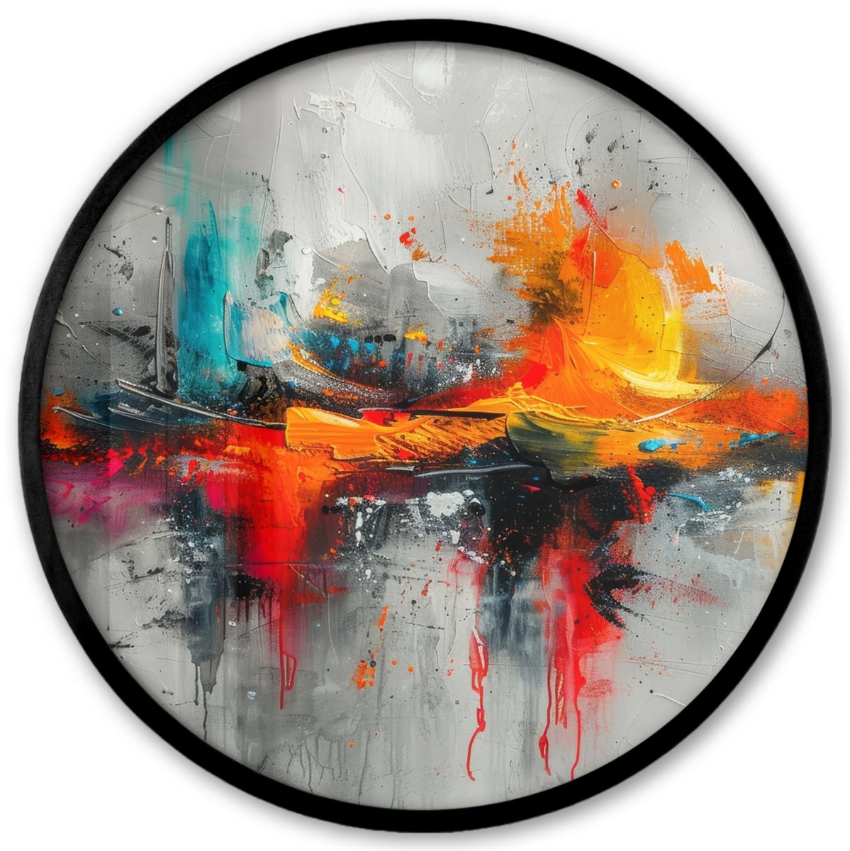 FrameYourWall Poster in lijst Rond - Fotolijst 40x40 cm - Posters - Modern - Oranje - Grijs - Kunst - Ronde posterlijst zwart - Decoratie - Wanddecoratie woonkamer - Muurdecoratie slaapkamer