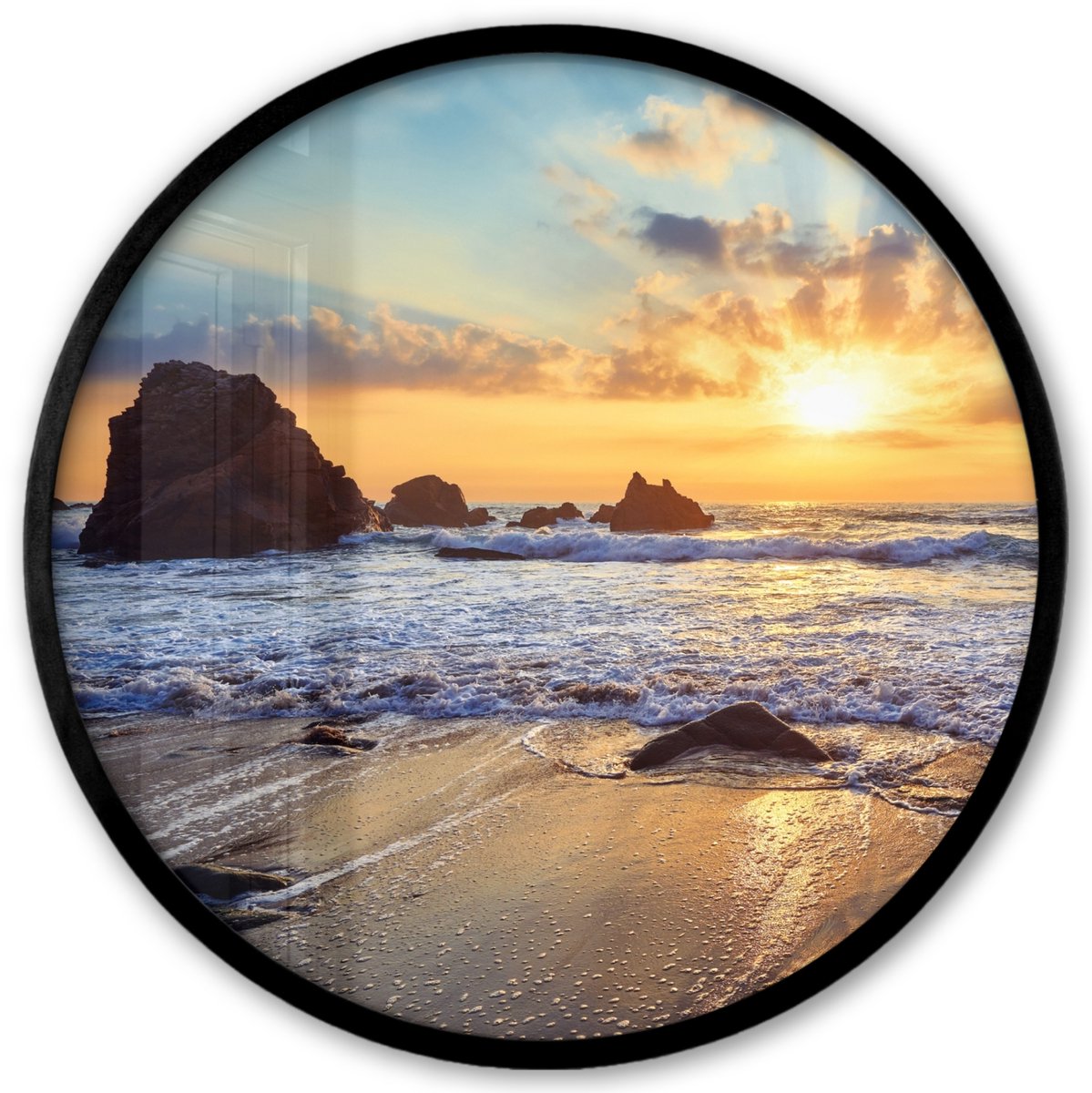 FrameYourWall Poster in lijst Rond - Fotolijst 40x40 cm - Posters - Strand - Zonsondergang - Natuur - Zee - Landschap - Ronde posterlijst zwart - Decoratie - Wanddecoratie woonkamer - Muurdecoratie slaapkamer