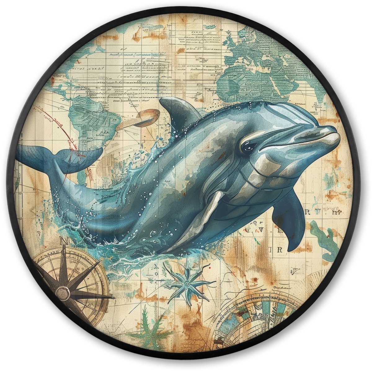 FrameYourWall Poster in lijst Rond - Fotolijst 60x60 cm - Posters - Vintage - Dolfijn - Dieren - Watercolor - Blauw - Ronde posterlijst zwart - Decoratie - Wanddecoratie woonkamer - Muurdecoratie slaapkamer Dolfijn - Zee