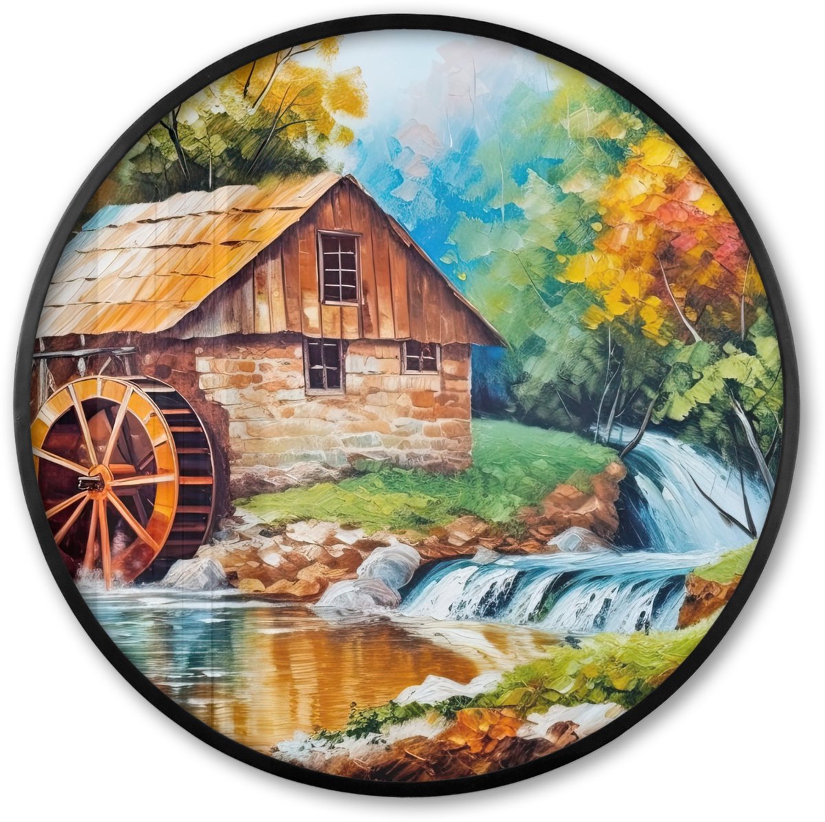 FrameYourWall Poster in lijst Rond - Fotolijst 80x80 cm - Posters - Landschap - Schilderij - Huis - Kunst - Herfst - Ronde posterlijst zwart - Decoratie - Wanddecoratie woonkamer - Muurdecoratie slaapkamer Olieverf - Huis - Natuur