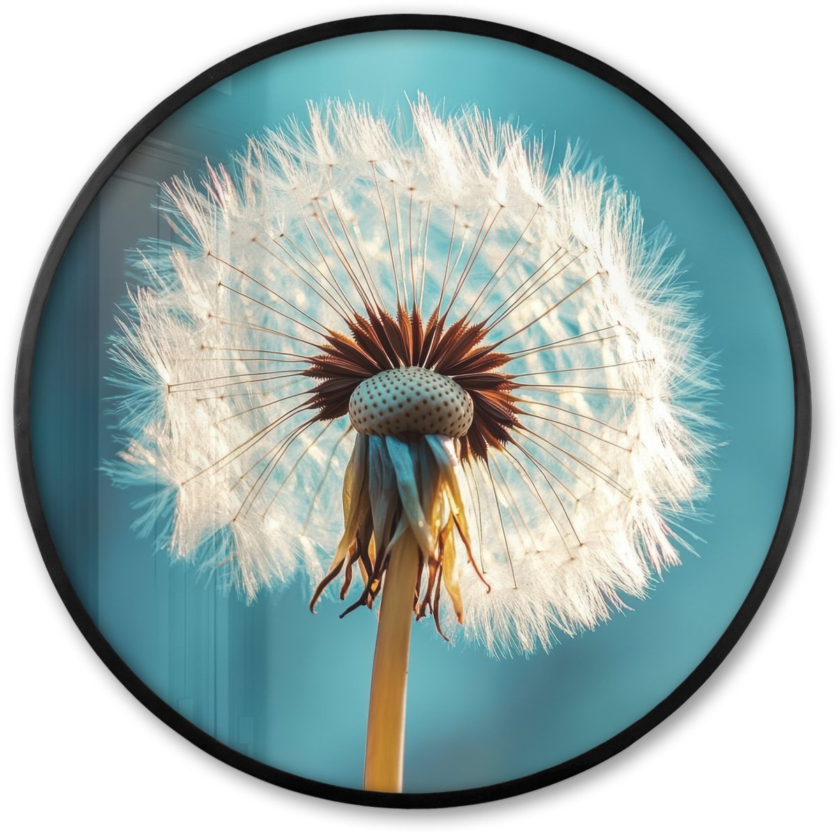 FrameYourWall Poster in lijst Rond - Fotolijst 60x60 cm - Posters - Paardenbloem - Natuur - Bloemen - Blauw - Ronde posterlijst zwart - Decoratie - Wanddecoratie woonkamer - Muurdecoratie slaapkamer