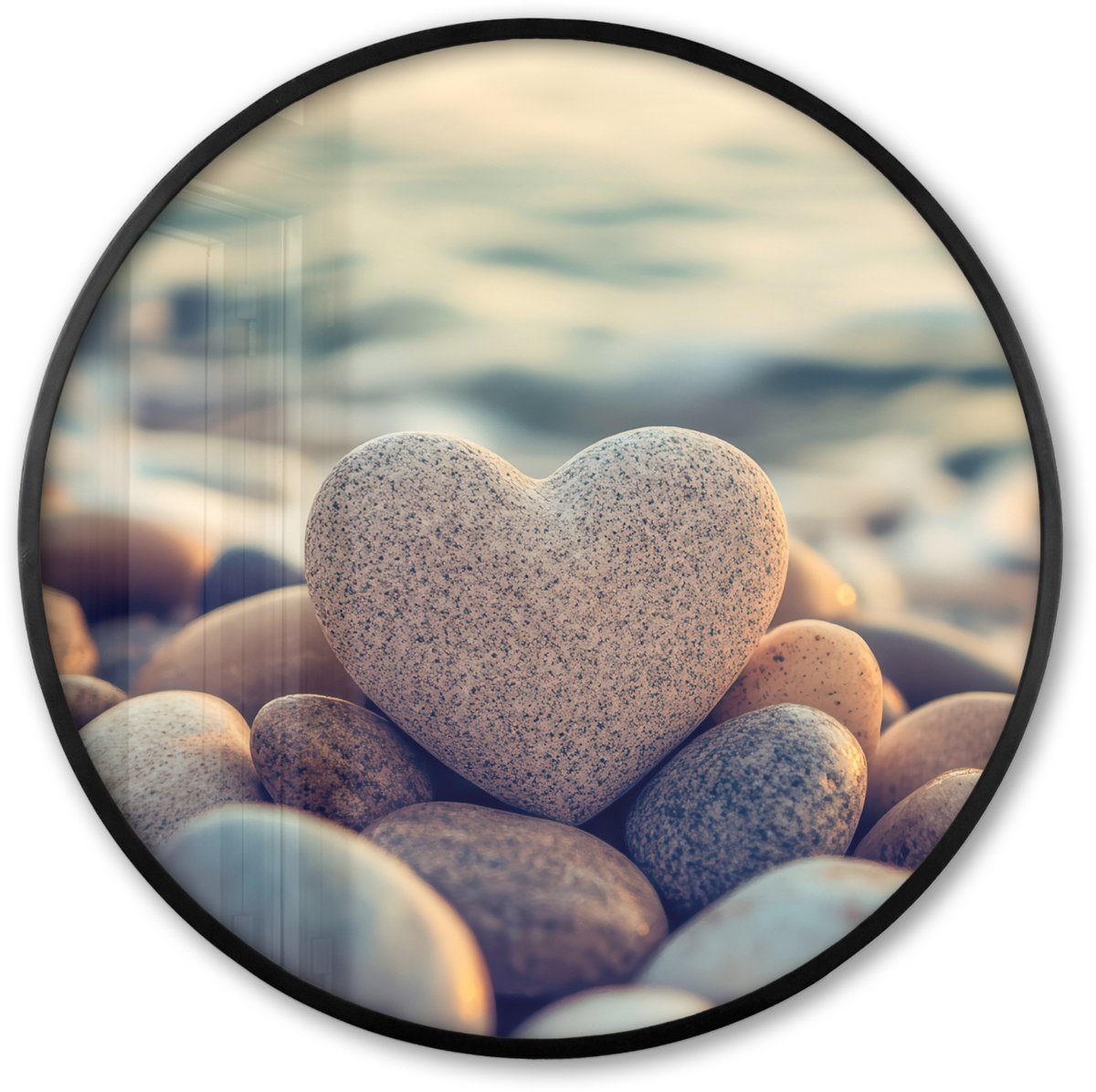 FrameYourWall Poster in lijst Rond - Fotolijst 80x80 cm - Posters - Hart - Stenen - Natuur - Keien - Zen - Kiezelstenen - Ronde posterlijst zwart - Decoratie - Wanddecoratie woonkamer - Muurdecoratie slaapkamer