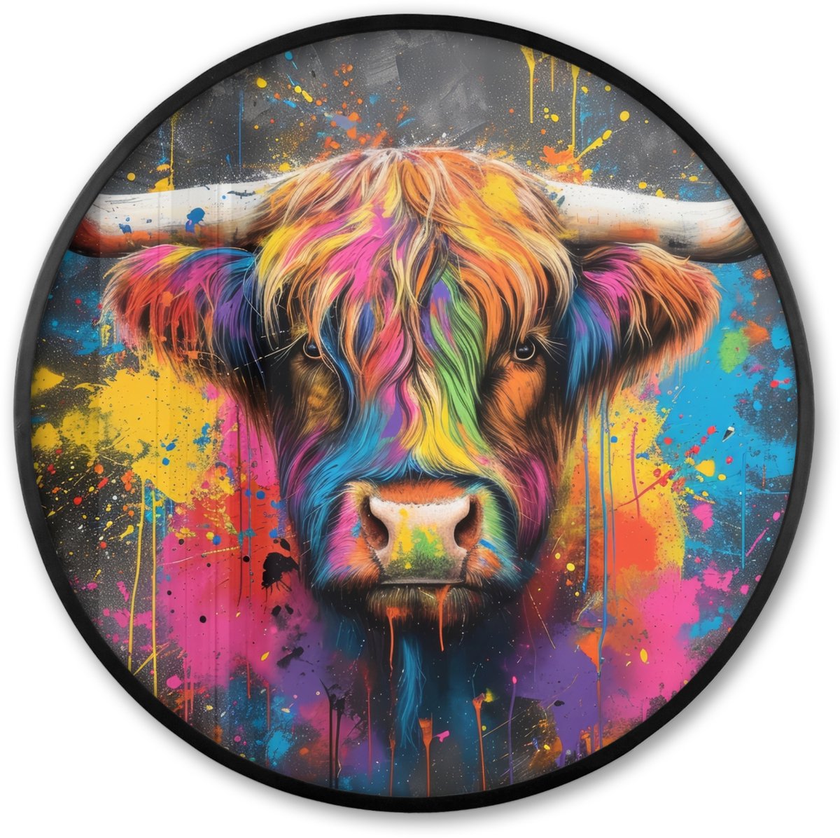 FrameYourWall Poster in lijst Rond - Fotolijst 80x80 cm - Posters - Graffiti - Schotse hooglander - Koe - Kleurrijk - Ronde posterlijst zwart - Decoratie - Wanddecoratie woonkamer - Muurdecoratie slaapkamer
