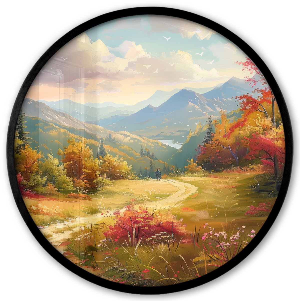 FrameYourWall Poster in lijst Rond - Fotolijst 40x40 cm - Posters - Landschap - Illustratie - Natuur - Ronde posterlijst zwart - Decoratie - Wanddecoratie woonkamer - Muurdecoratie slaapkamer Natuur landschap