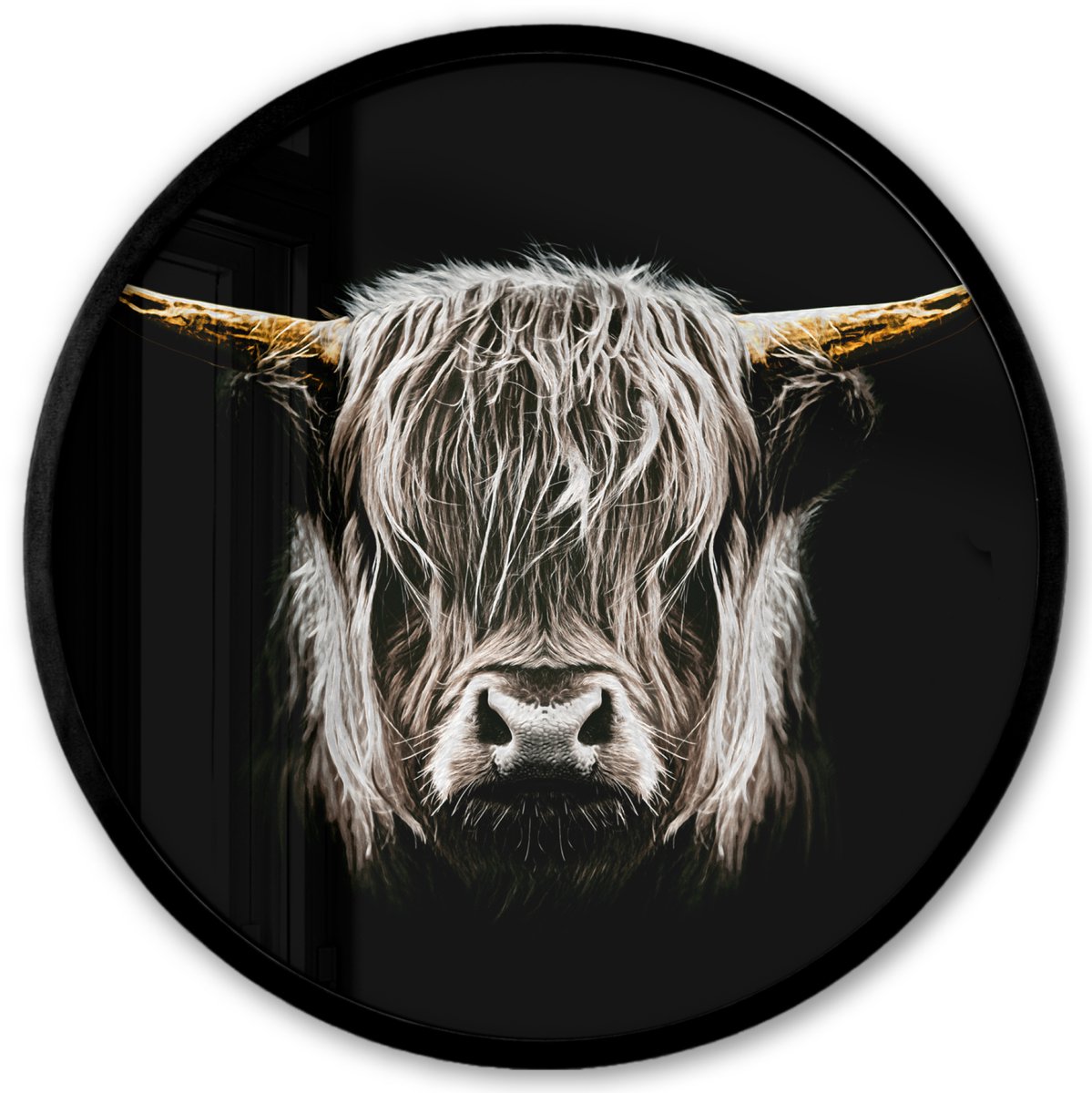 FrameYourWall Poster in lijst Rond - Fotolijst 40x40 cm - Posters - Schotse hooglander - Goud - Hoorns - Zwart wit - Koe - Dieren - Ronde posterlijst zwart - Decoratie - Wanddecoratie woonkamer - Muurdecoratie slaapkamer